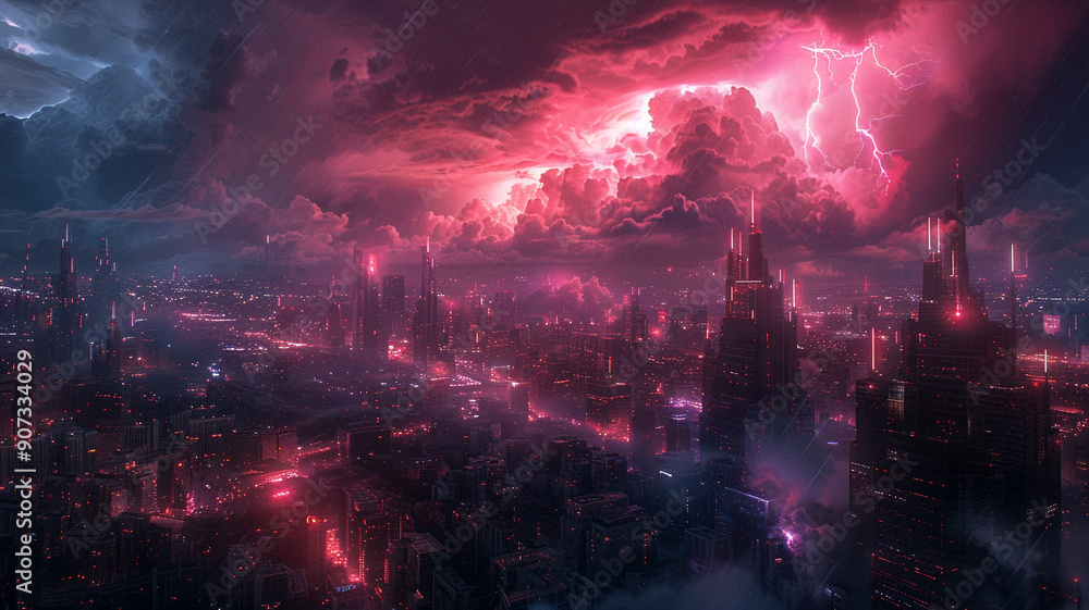 Fototapeta premium City skyline illuminated by thunderous storm afterglow at dusk