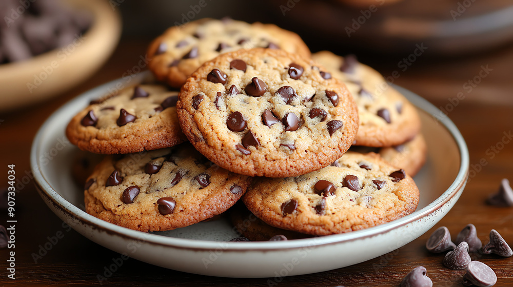 A plate of chocolate chip cookies. A plate of chocolate chip cookies.