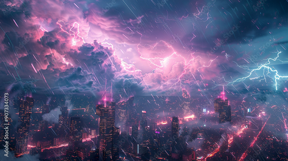 Dramatic thunderstorm illuminates city skyline at night with vibrant lightning displays Dramatic thunderstorm illuminates city skyline at night with vibrant lightning displays