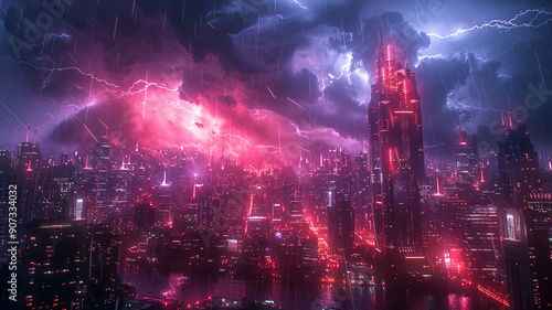 Dramatic night view of a neon city under thunderstorm at twilight