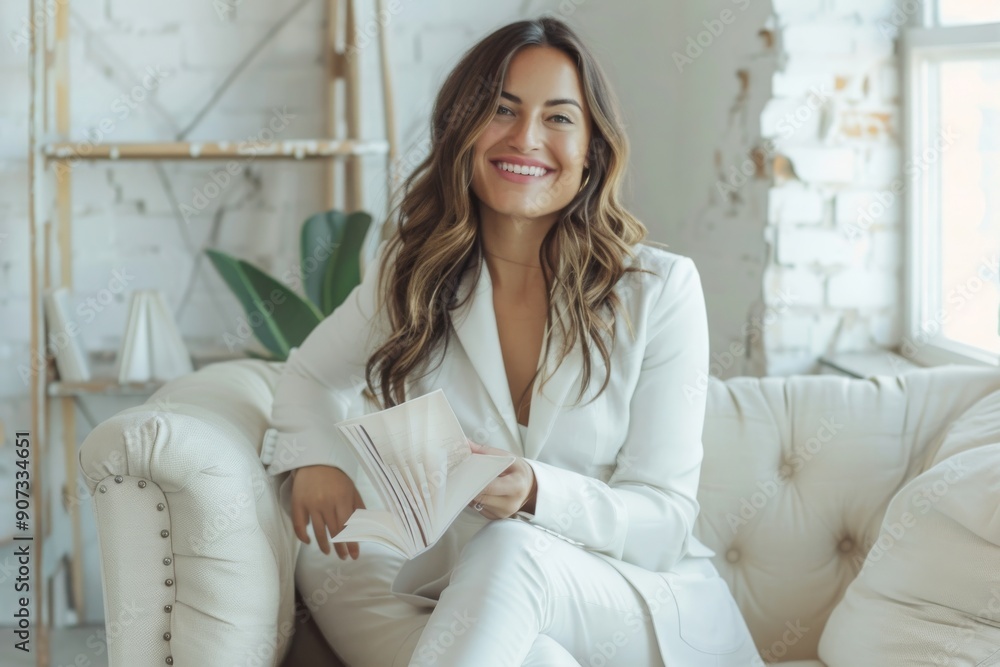 Smiling Woman in White Suit Sitting on a Sofa Smiling Woman in White Suit Sitting on a Sofa