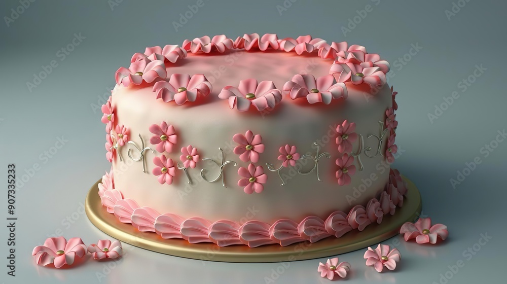 Pink Flower Cake with Gold Accents - 3D Render Pink Flower Cake with Gold Accents - 3D Render