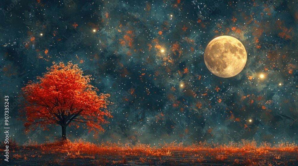 Autumn Maple Tree with Full Moon and Milky Way in Retro Style Artwork - Vintage Color Tone Autumn Maple Tree with Full Moon and Milky Way in Retro Style Artwork - Vintage Color Tone