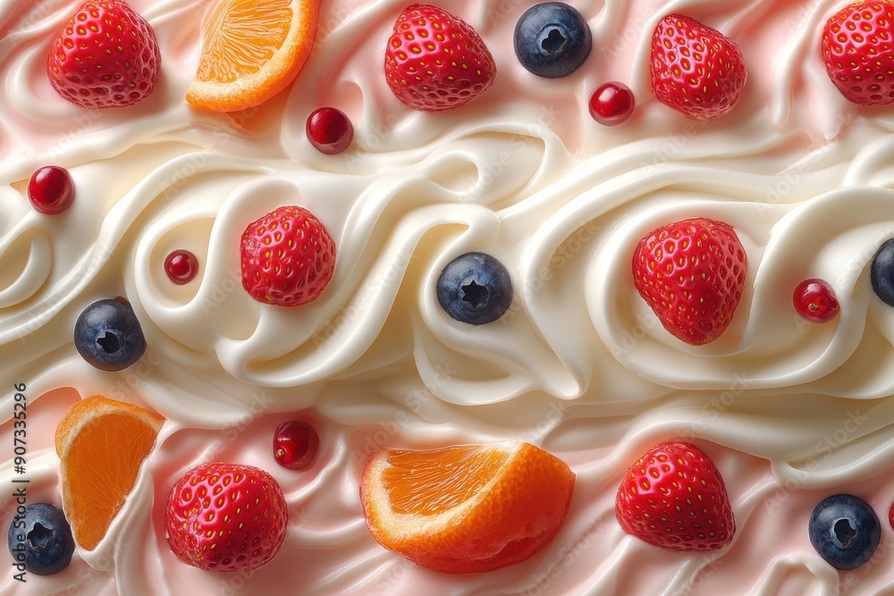 A close-up of a creamy dessert topped with fresh berries and fruit slices, including strawberries, blueberries, and orange segments, on a smooth, whipped cream-like background. A close-up of a creamy dessert topped with fresh berries and fruit slices, including strawberries, blueberries, and orange segments, on a smooth, whipped cream-like background.
