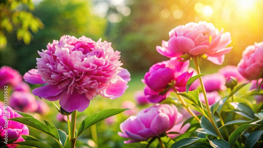 Big blooming pink peony flowers in a sunny garden on a spring day, Peony, Sorbet, garden, sunny, day, Paeonia, Lactiflora Big blooming pink peony flowers in a sunny garden on a spring day, Peony, Sorbet, garden, sunny, day, Paeonia, Lactiflora
