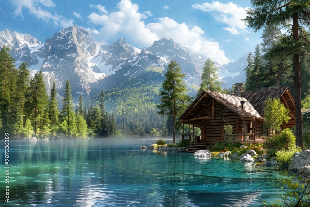 Fototapeta premium Mountain Cabin by the Tranquil Lake