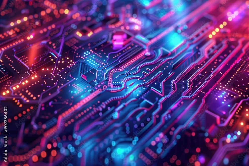 Close-up of a circuit board with bright neon lights, useful for tech-related illustrations and designs Close-up of a circuit board with bright neon lights, useful for tech-related illustrations and designs