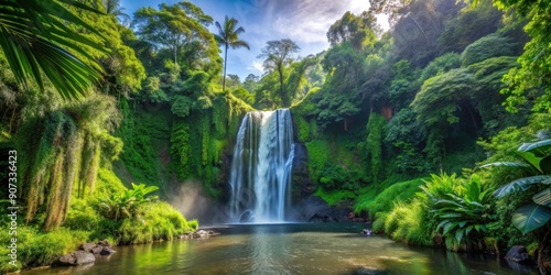 Wideangle view of a tropical waterfall surrounded by lush greenery Cascading water in a jungle paradise, waterfall, tropical