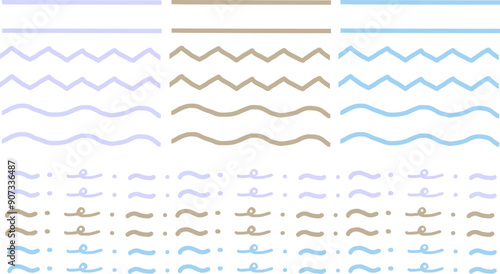 Stylish, cute, pastel-colored lines and underline material. Light blue, purple, brown. Simple and easy to use, suitable for various designs.
