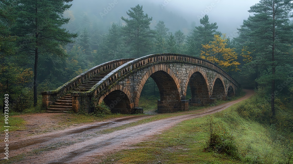 Fototapeta premium Stone Arch Bridge in a Misty Forest.