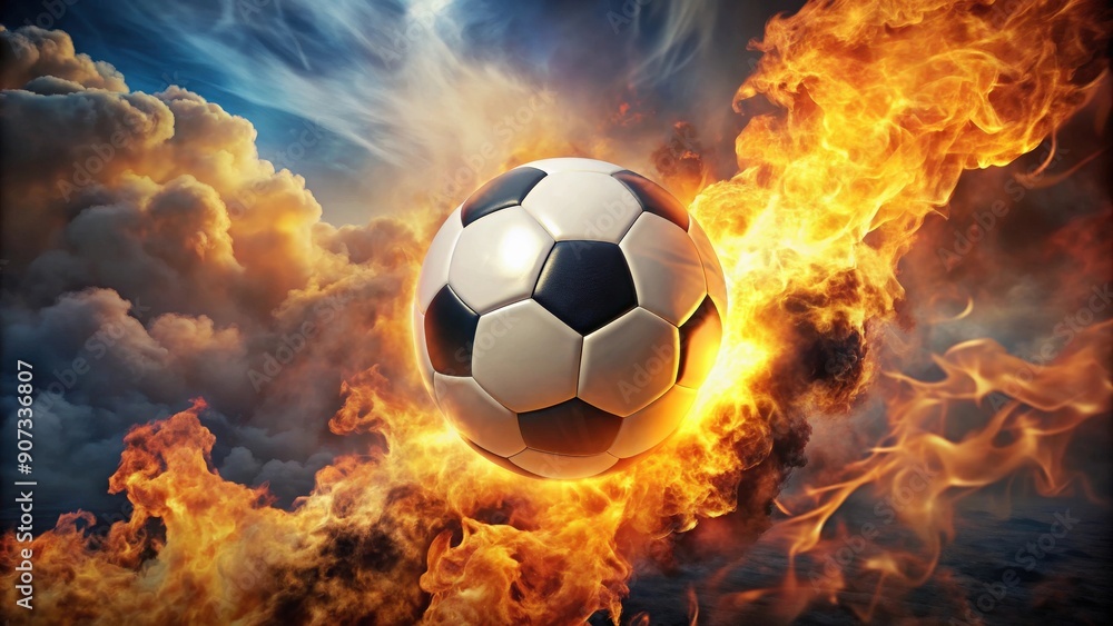 Fototapeta premium Soccer ball engulfed in flames and smoke against a fiery sky , blazing, burning, hot, soccer, football, sports, competition