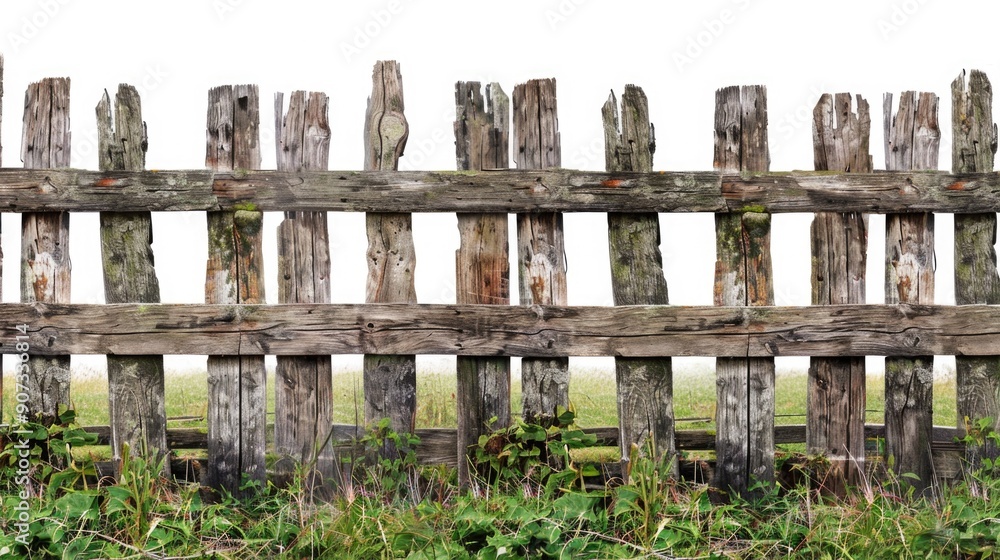 A worn wooden fence surrounded by lush green grass and growing weeds A worn wooden fence surrounded by lush green grass and growing weeds