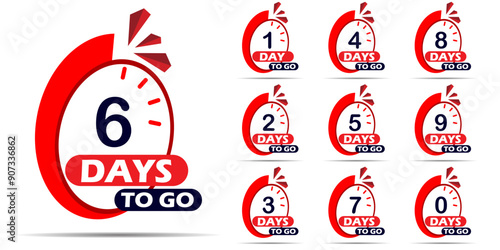 Countdown days go banner. count time and days for sale banner, poster, lable,. Nine, eight, seven six five four three two one zero days to go with red and dark blue color. Vector template all together