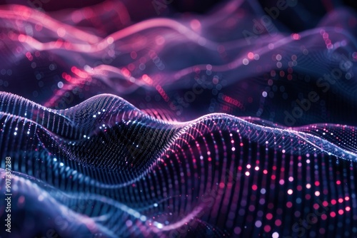 Wave of musical sounds. Abstract background with interweaving of dots and lines. 3D rendering with generative ai