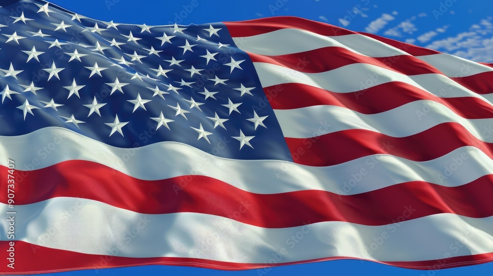 Obraz premium A close-up of the American flag in motion, its fabric flowing smoothly in the wind against a pristine blue sky, symbolizing peace and freedom.