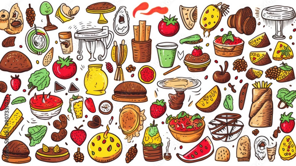 Doodle illustration of fruits and food items in a whimsical style Doodle illustration of fruits and food items in a whimsical style