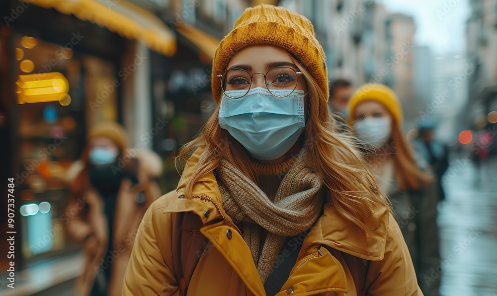 Happy friends are walking on a city street, embracing the new normal with young people having fun while wearing face masks. Happy friends are walking on a city street, embracing the new normal with young people having fun while wearing face masks.