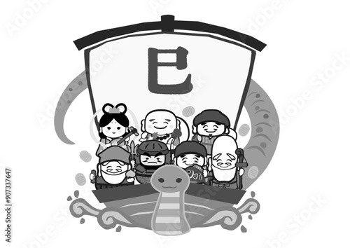 七福神が干支の巳の船に乗っているポップな主線ありデフォルメベクターイラスト