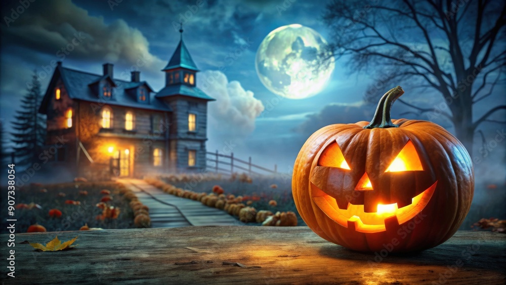Glowing jack-o-lantern leading to haunted house on Halloween night, pumpkin, carved, illuminated, mischievous, foggy Glowing jack-o-lantern leading to haunted house on Halloween night, pumpkin, carved, illuminated, mischievous, foggy