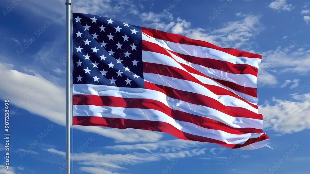 Obraz premium An American flag rippling gently in the breeze, its stars and stripes clear and vibrant against a deep, cloudless blue sky, symbolizing national pride.