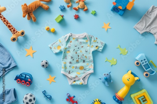 Flat lay image of baby boy clothes complete with baby boy toys, light blue background , baby stuff , baby clothing  photo