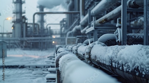 Frozen metal pipes in snow and ice in winter