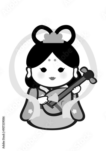 七福神の弁財天のポップな和風イラスト