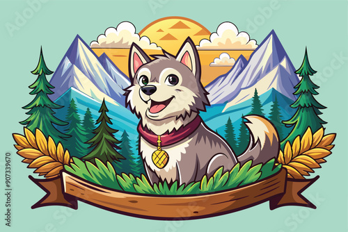 Cartoon Husky Dog in Mountainous Landscape with Banner