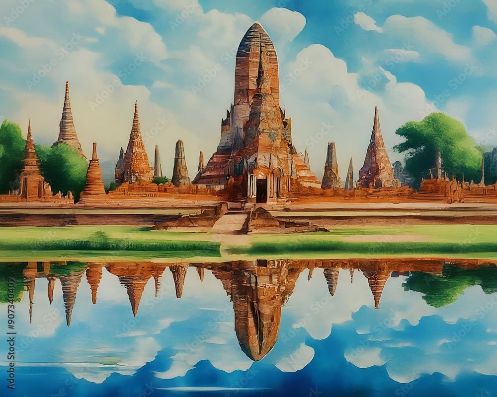Obraz premium Timeless Ayutthaya: AI-Generated Watercolor Painting