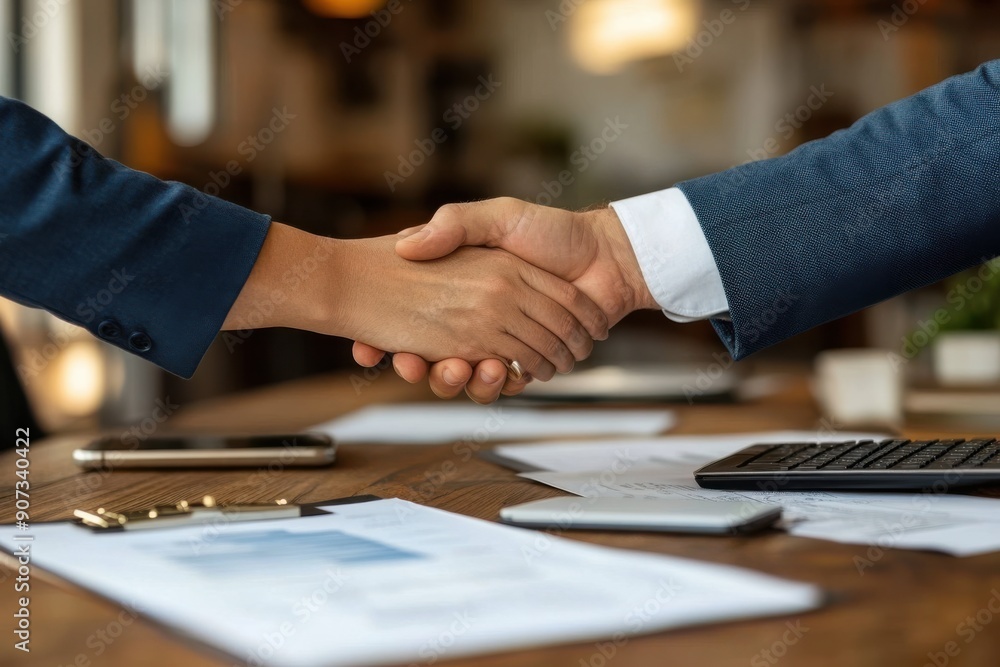 A close-up photograph capturing a firm handshake between two business professionals. A close-up photograph capturing a firm handshake between two business professionals.