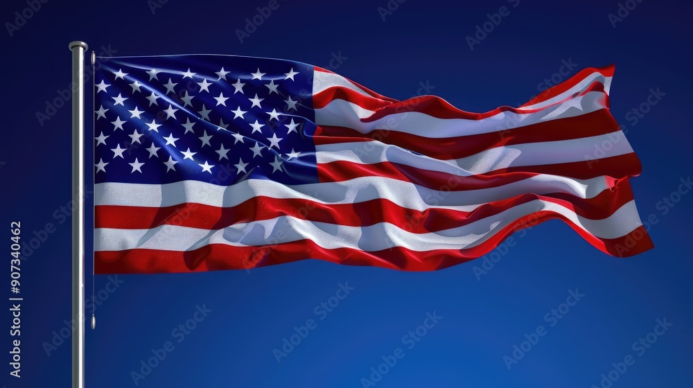 Obraz premium An artistic capture of the American flag, its fabric flowing dynamically in the wind against a deep blue sky, symbolizing freedom and pride.