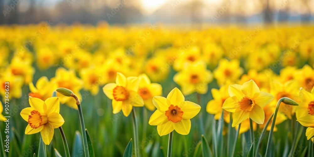 Obraz premium Wild yellow daffodils blooming in a field, spring, flowers, nature, vibrant, colorful, sunny, outdoors, meadow, petals