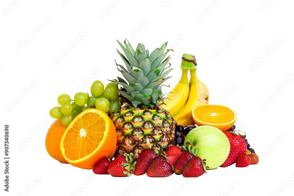 Mixed fruit pile, pineapple, banana, orange, grape, kiwi, strawberry, apple, isolated on white background. Mixed fruit pile, pineapple, banana, orange, grape, kiwi, strawberry, apple, isolated on white background.