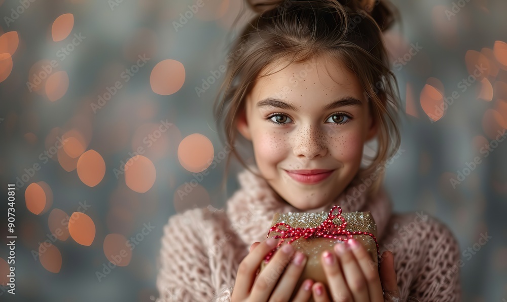Naklejka premium A happy girl receives her Valentine�s gift.