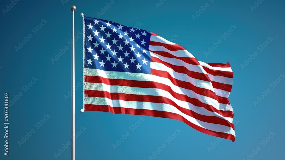 Obraz premium The American flag flying high, its colors rich and true, with the deep blue sky providing a perfect backdrop, symbolizing strength and freedom.