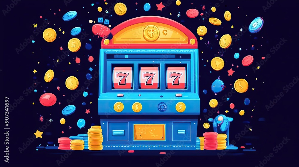 Colorful slot machine illustration with bright coins and a winning combination, evoking excitement and fun in a vibrant gambling setting. Colorful slot machine illustration with bright coins and a winning combination, evoking excitement and fun in a vibrant gambling setting.