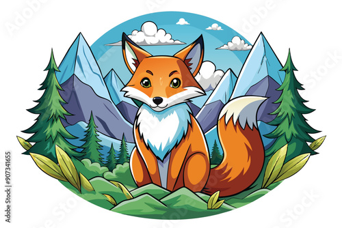 A Cute Cartoon Fox Sitting in a Mountainous Forest