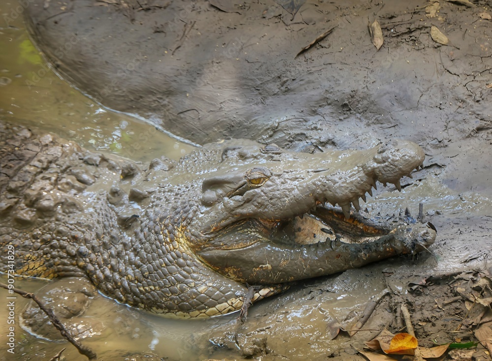 Fototapeta premium Saltwater crocodile in the mud, mouth open. close up photo
