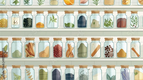 Wallpaper Mural A detailed illustration of various spices and herbs in jars, labeled and arranged on a kitchen shelf Torontodigital.ca