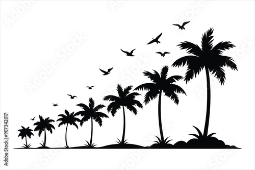 palm tree and birds in different stages of growth black vector