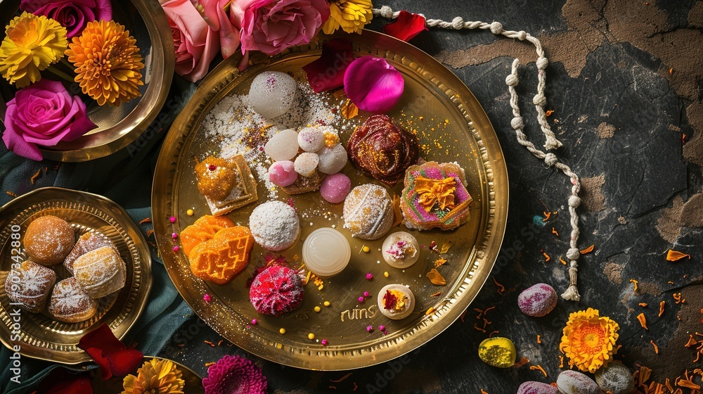 Traditional Indian Sweets on Bronze Plate with Fresh Flowers and Garland for Makar Sankranti Festival. Laddu and Cookies Arranged on Dark Brown Textured Surface with Contrasting Colors. Traditional Indian Sweets on Bronze Plate with Fresh Flowers and Garland for Makar Sankranti Festival. Laddu and Cookies Arranged on Dark Brown Textured Surface with Contrasting Colors.
