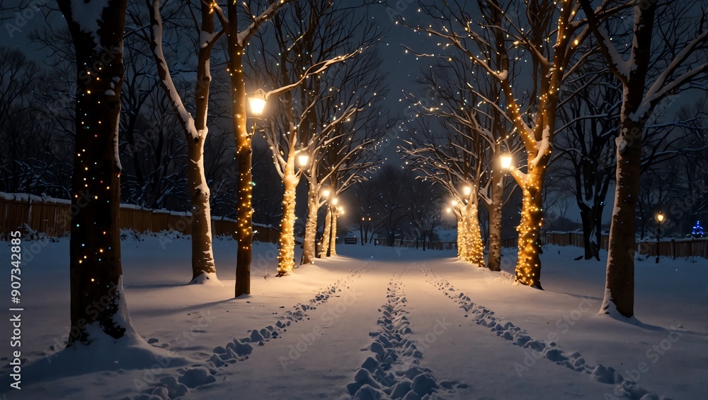 Snowy path lined with trees, warm golden lights, and street lamps.
Snowy path lined with trees, warm golden lights, and street lamps.