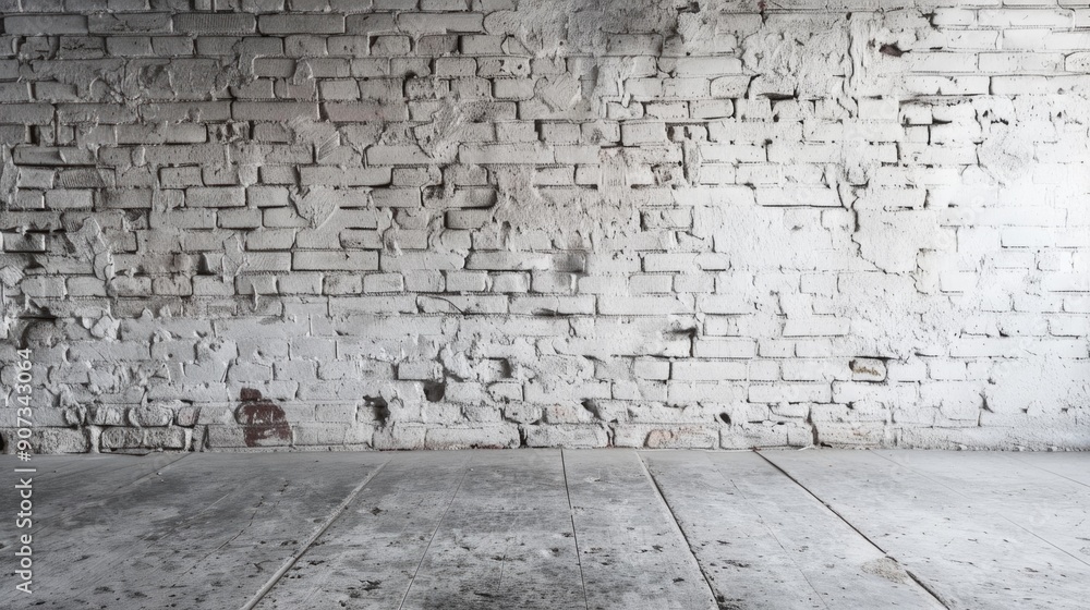 A minimalist interior design concept featuring a blank space with a brick wall and wooden floor A minimalist interior design concept featuring a blank space with a brick wall and wooden floor
