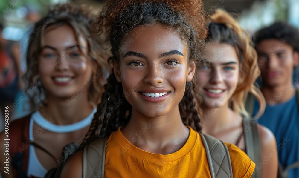 A cheerful group of friends is walking together on a city street, enjoying their weekend vacation, with multiracial young people embracing the youth lifestyle. A cheerful group of friends is walking together on a city street, enjoying their weekend vacation, with multiracial young people embracing the youth lifestyle.