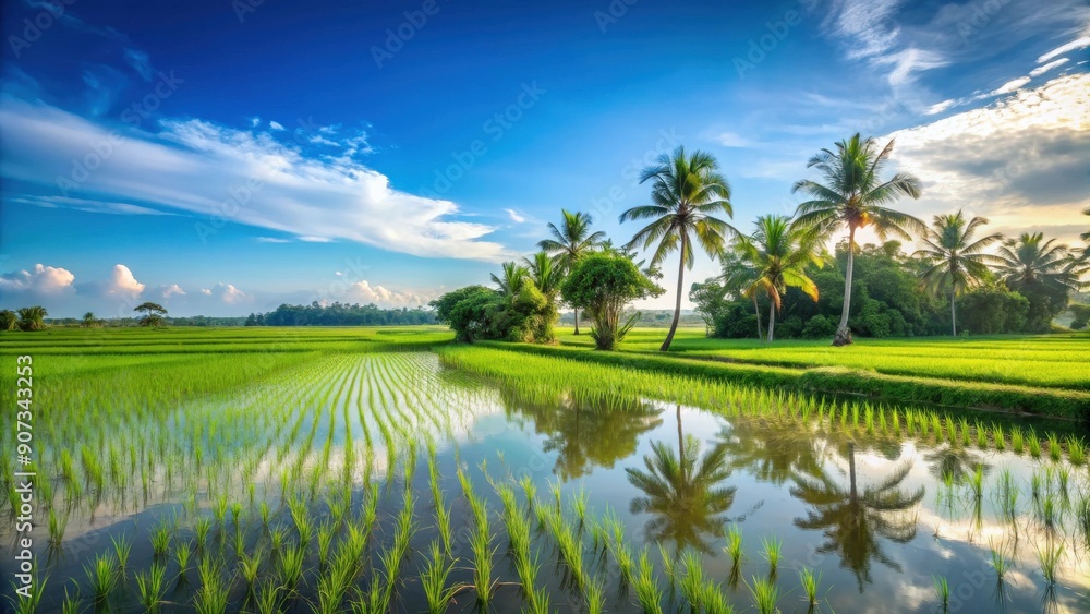 A tranquil paddy field with lush green rice plants under a clear blue sky, agriculture, rice, farm, crop, rural, landscape A tranquil paddy field with lush green rice plants under a clear blue sky, agriculture, rice, farm, crop, rural, landscape
