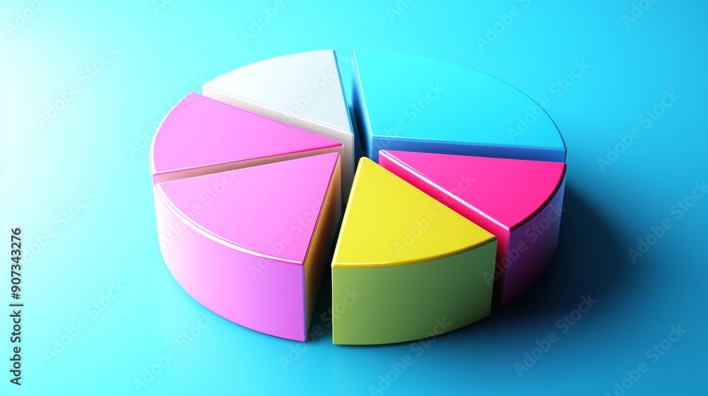 Obraz premium A colorful pie chart with six sections, representing data or market share, on a blue background.