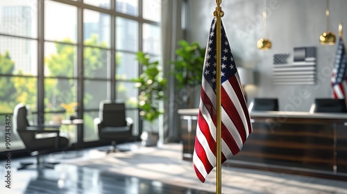 The American flag with a golden rod standing proudly in a stylish, contemporary home office with modern furniture and ample natural light.