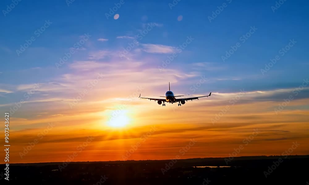 The plane against the blue sunset sky. The setting sun. Sunset. The plane against the blue sunset sky. The setting sun. Sunset.