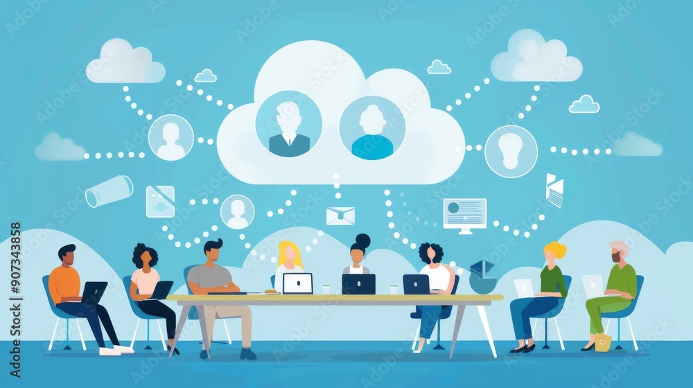 Cartoon vector virtual collaboration through cloud computing with team members connecting remotely Cartoon vector virtual collaboration through cloud computing with team members connecting remotely