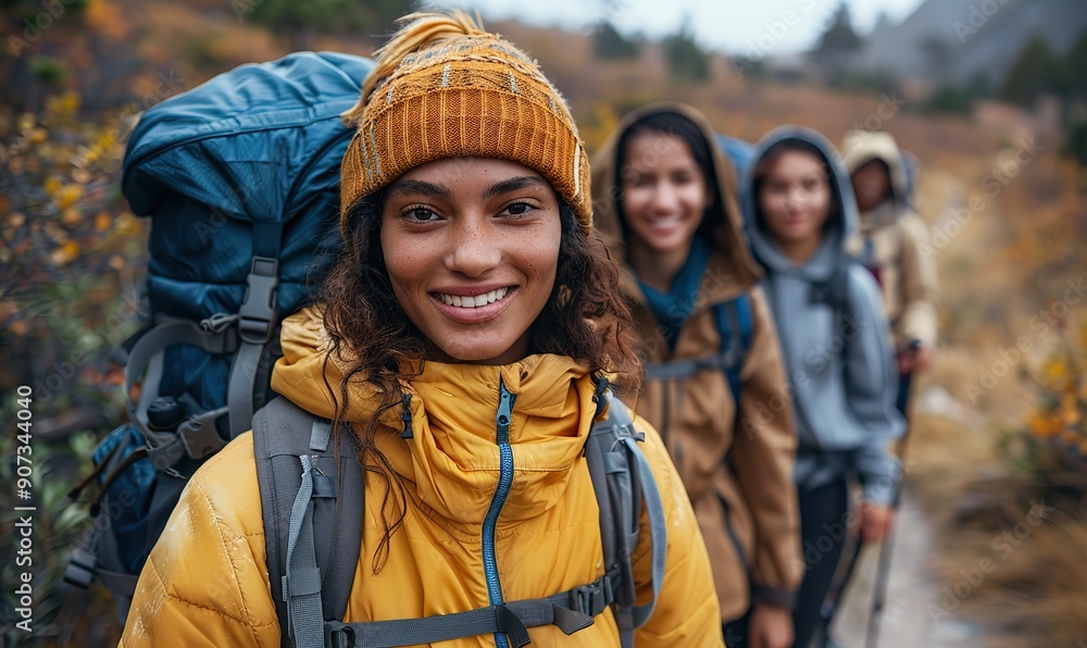 A happy group of friends with backpacks is hiking in the mountains, with multiracial young people taking a selfie during their weekend excursion, showcasing sport and leisure. A happy group of friends with backpacks is hiking in the mountains, with multiracial young people taking a selfie during their weekend excursion, showcasing sport and leisure.